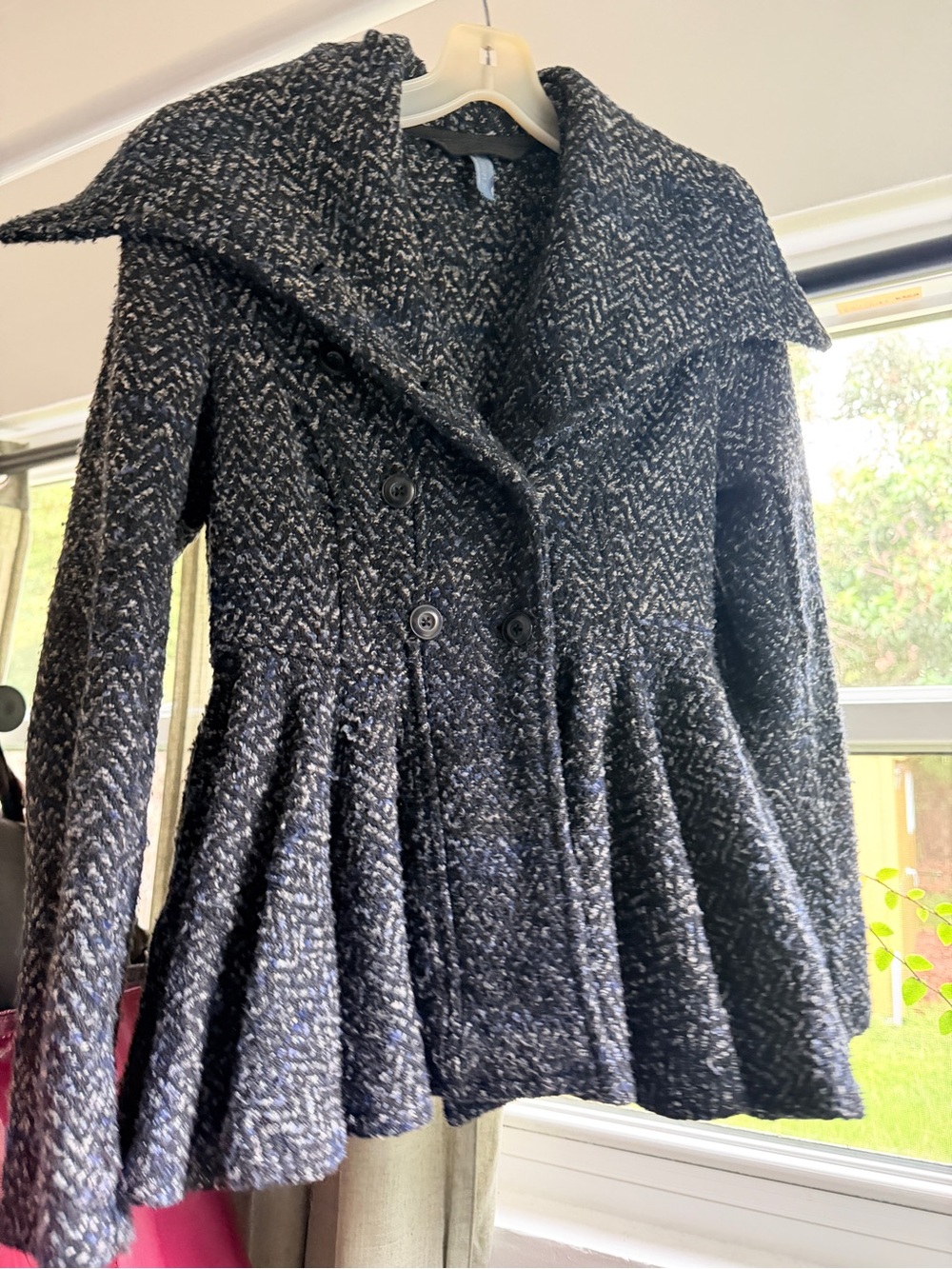 Free People Navy Blue & White Textured Peplum Peacoat